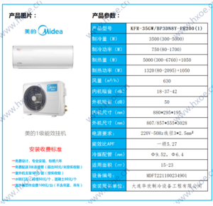 美的挂机1.5匹KFR-35GW/BP3DN8Y-PH200(1)新能效 智能变频冷暖 空调挂机 一级能效